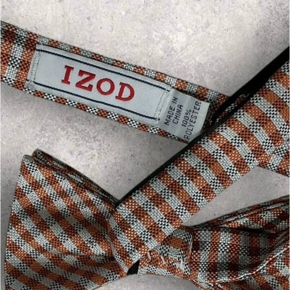 IZOD Polyester Bow Tie Orange Ivory Tartan W:2.5" EUC - Picture 2 of 2